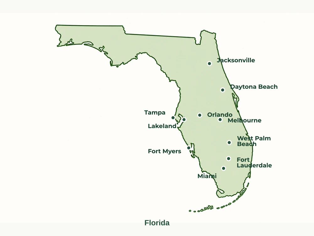 Map of Florida State showing major cities